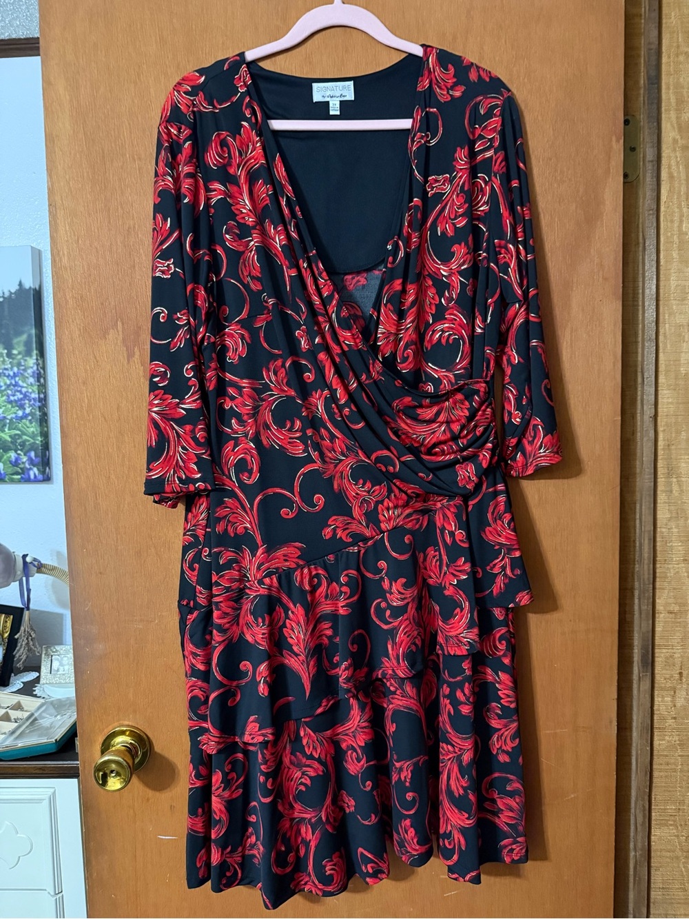 Signature by Robbie Bee Black & Red Wrap Tiered Long Sleeve Dress